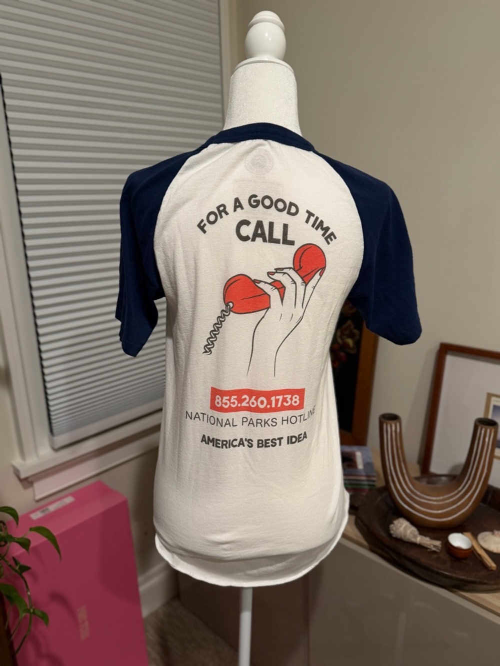 Parks Project white ringer baseball Tee with Navy Collar and Red Graphic